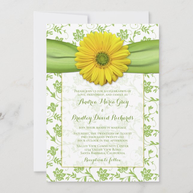 Convite para Casamento de Daisy Daisy Green Damask (Frente)