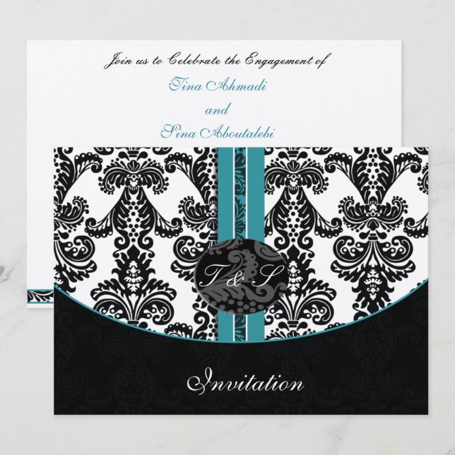 convite para casamento de damask aqua prata (Frente/Verso)