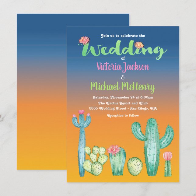 Convite para Casamento de Deserto Sunset Cactus (Frente/Verso)
