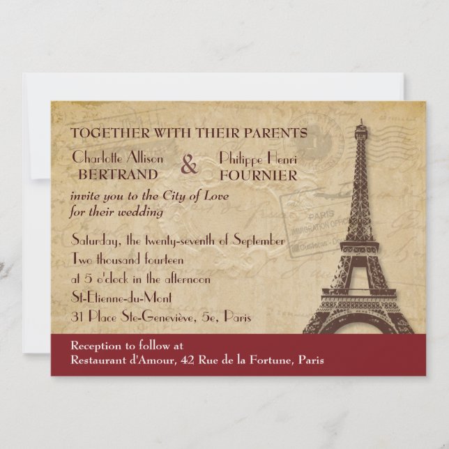 Convite para Casamento de Destino de Paris (Frente)