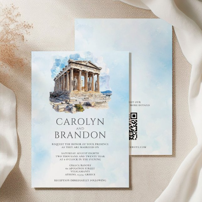 Convite para Casamento de Destino Grego com Código (Greek Destination Wedding Invitation with QR Code)