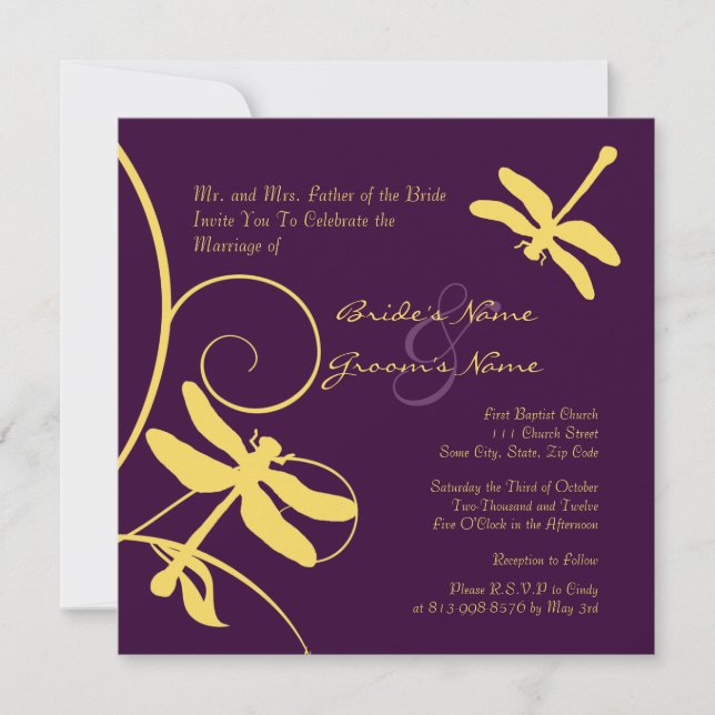 Convite para Casamento de Dragonfly Amarela e Roxa (Frente)
