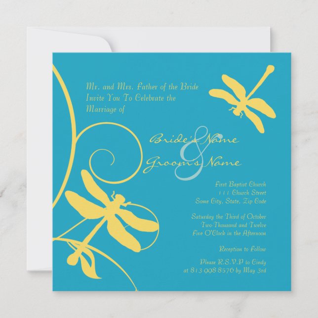 Convite para Casamento de Dragonfly Amarela e Turq (Frente)