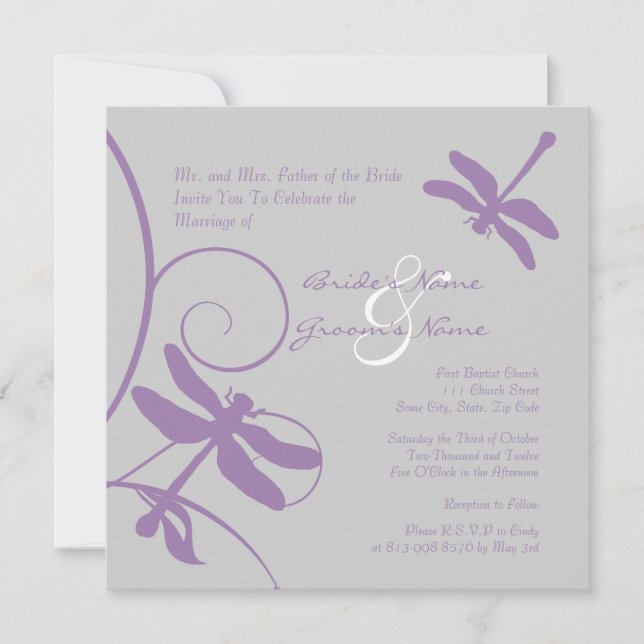 Convite para Casamento de Dragonfly Lavanda e Prat (Frente)