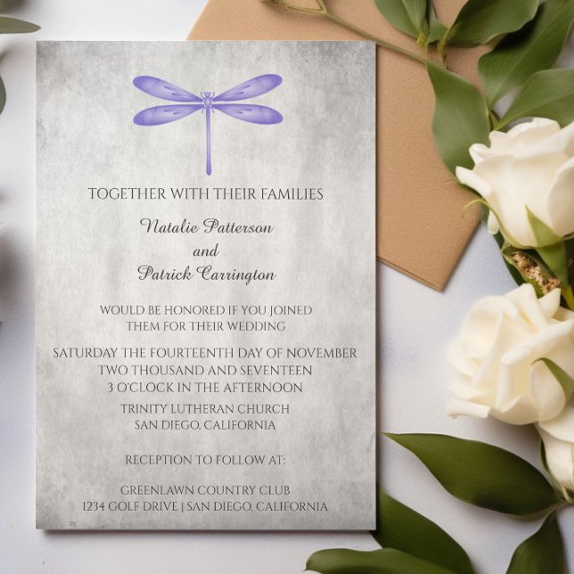 Convite para Casamento de Dragonfly Roxo (Purple Dragonfly Wedding Invitation)