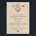 Convite para Casamento de Dream Catcher<br><div class="desc">Este convite moderno é ideal para celebrar um casamento com um tema nativo americano. Ele apresenta um apanhador de sonhos no topo, um fundo texturizado macio e casal de penas no fundo. Esta design é elegante, atraente aos olhos e limpa com uma sensação natural. Adicione seus próprios detalhes de evento....</div>