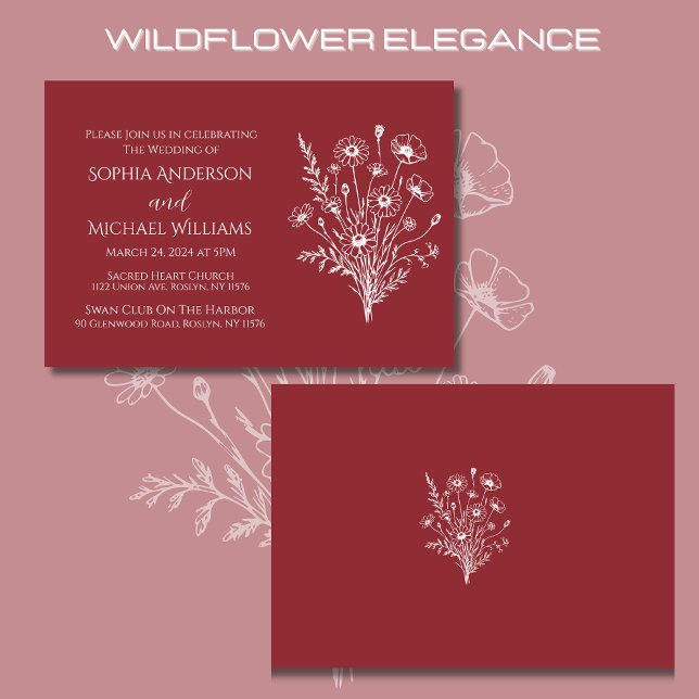 Convite Para Casamento De Elegância De Flores Selv (Wildflower Elegance Wedding Invitations Red-Rustic, Country, Bohemian, Elegant)