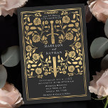 Convite para Casamento de Espadas Douradas Medieva<br><div class="desc">Ponha o tom para o seu casamento de fantasia medieval com um design de convite ousado — uma espada de ouro cercada por florais contra fundo negro. Perfeito para casais sonhando com uma celebração épica e romântica. Torne a sua história de amor lendária à primeira vista! NOTA: o ouro apresentado...</div>