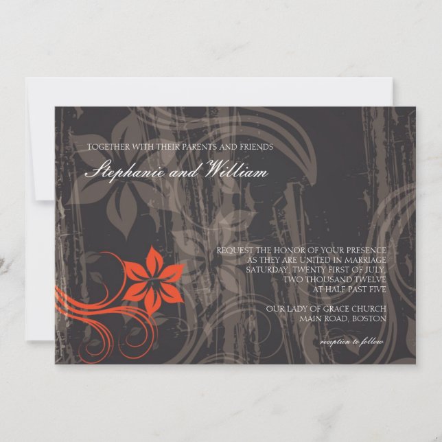 Convite para casamento de espiral floral preto e v (Frente)