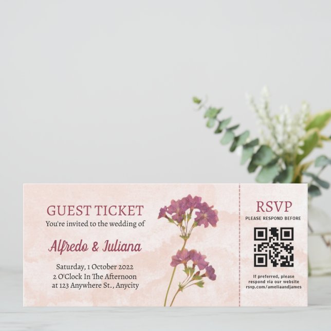 Convite para casamento de estilo de tíquete com có (Em pé/Frente)