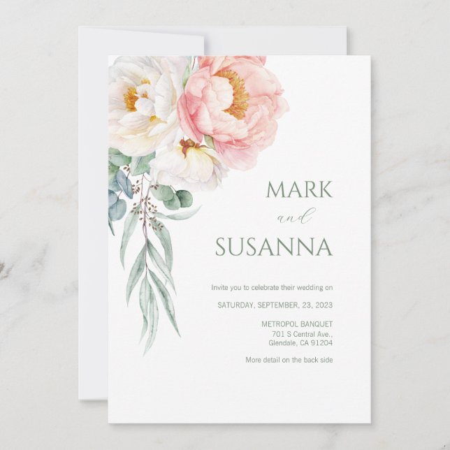 Convite para Casamento de Eucalyptus Peonies Elega (Frente)