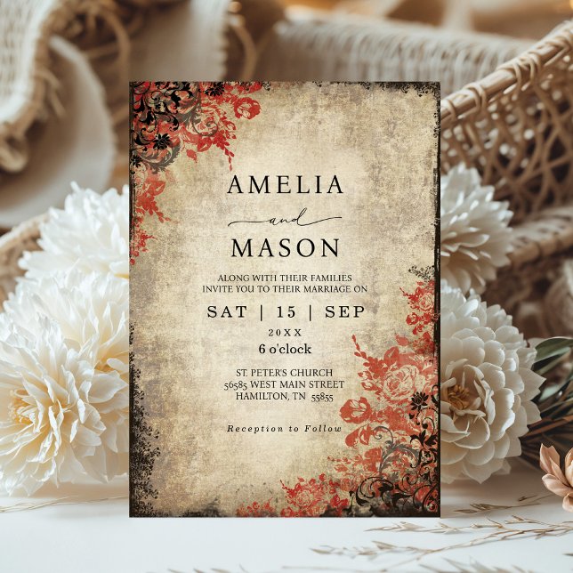 Convite para Casamento de Fairytale Rosa vermelha (Elegant Vintage Red Roses Fairytale Wedding Invitation)