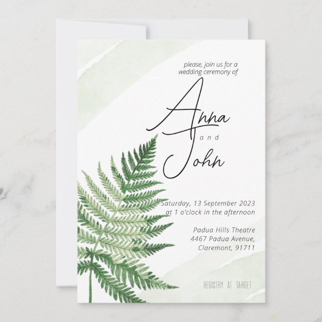 Convite para Casamento de Fern Verde Minimalista (Frente)