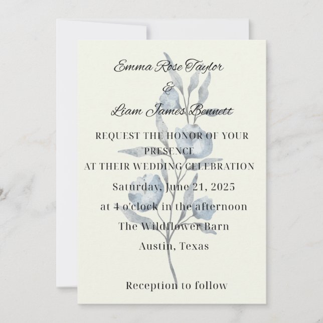 Convite para Casamento de Flor Azul Chinoiserie (Frente)