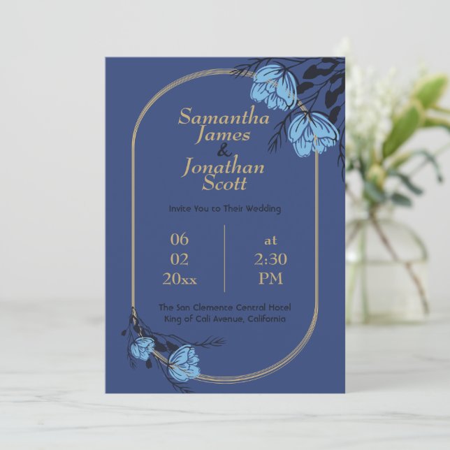 Convite para Casamento de Flor Azul rico (Em pé/Frente)