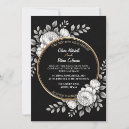 Convite para Casamento de Flor Elegante Preto e Br