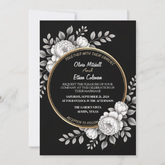 Convite para Casamento de Flor Elegante Preto e Br