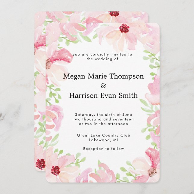 Convite para Casamento de Flor Moderna com Aquarel (Frente/Verso)