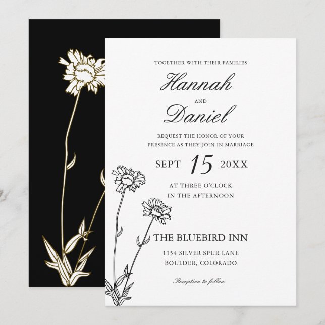 Convite para Casamento de Flor Selvagem Dourada e  (Frente/Verso)