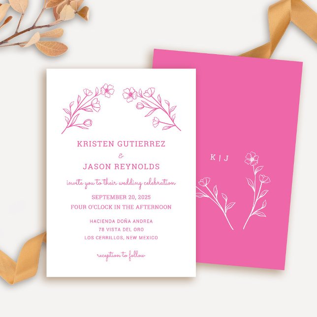 Convite para Casamento de Flor Selvagem Rosa Quent (Wildflower Wedding Invitation in Hot Pink)