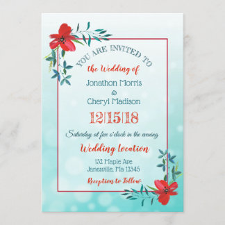 Convite Para Casamento De Flor Vermelho E Teal De