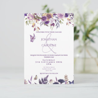 Convite para Casamento de Floral/Borboleta Roxo