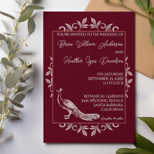 Convite para Casamento de Floreio de Peacock Vinho