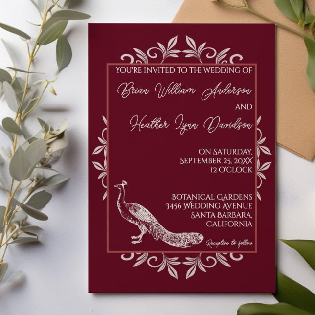 Convite para Casamento de Floreio de Peacock Vinho (Wine red Peacock Flourish Wedding Invitation)