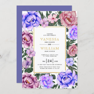 Convite para casamento de flores de aquarela azul