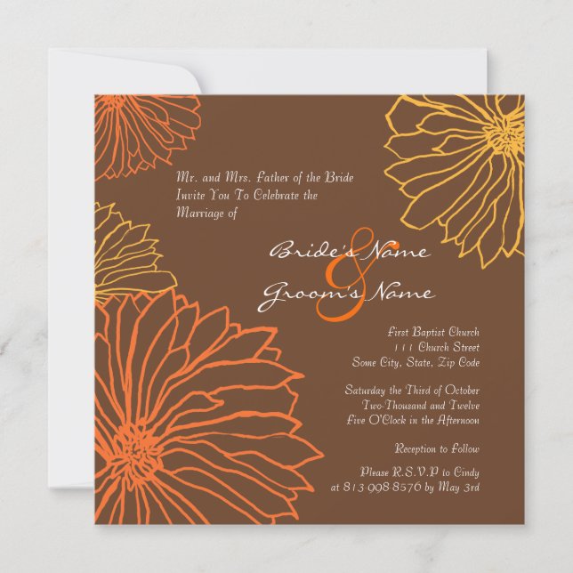 Convite para Casamento de Flores de Mãe Laranja e  (Frente)