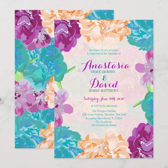 Convite para Casamento de Flores de Peacock (Frente/Verso)