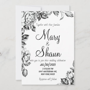 Convite para Casamento de Flores Negra e Branca