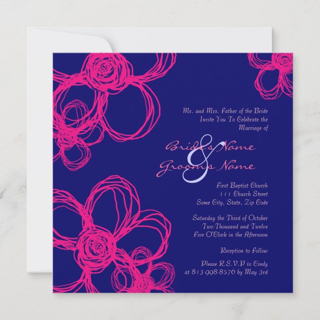 Convite para Casamento de Flores Selvagens Rosa e  (Frente)