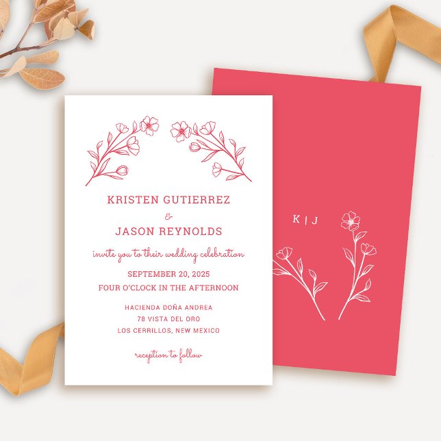 Convite para Casamento de Flores Selvagens rosa Ve (Wildflower Wedding Invitation in Rose Red)