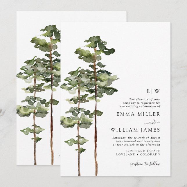 Convite para Casamento de Floresta de Aquarela (Frente/Verso)