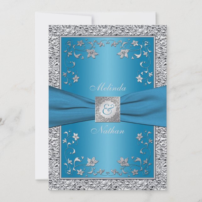 Convite para Casamento de Folha Azul e Silver Foil (Frente)