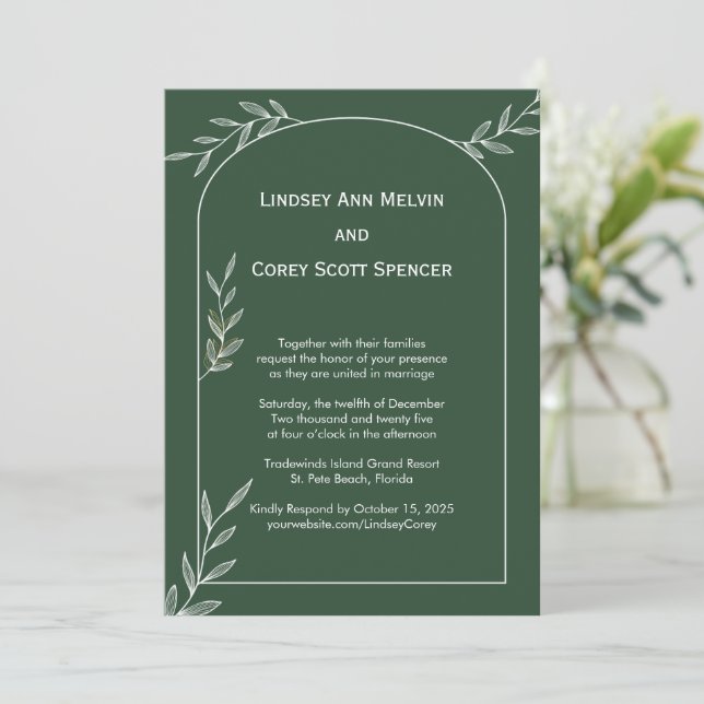 Convite para Casamento de Folha Dourada Verde Flor (Em pé/Frente)