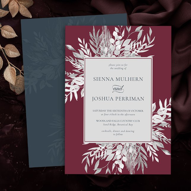 Convite para Casamento de Folhagem Burgundia de Fo (Elegant Burgundy and Grey wedding invitation from the Foliage Duet Collection by Darling & May)