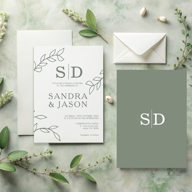 Convite para Casamento de Folhagem de Arte de Linh (Modern Sage Wedding Invite, Sage Green Minimal Wedding Invitation Template, Minimalist Sage Invite

)