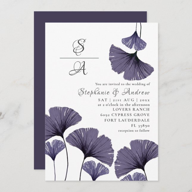 Convite para Casamento de Folhagem de Ginkgo Roxo  (Frente/Verso)