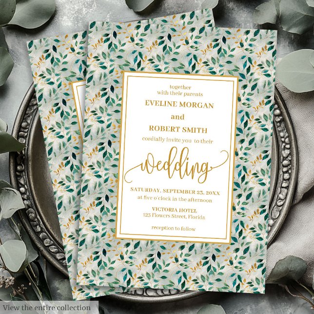 Convite para Casamento de Folhagem Dourada Verde E (Elegant Dark Green Gold Foliage Wedding Invitation)