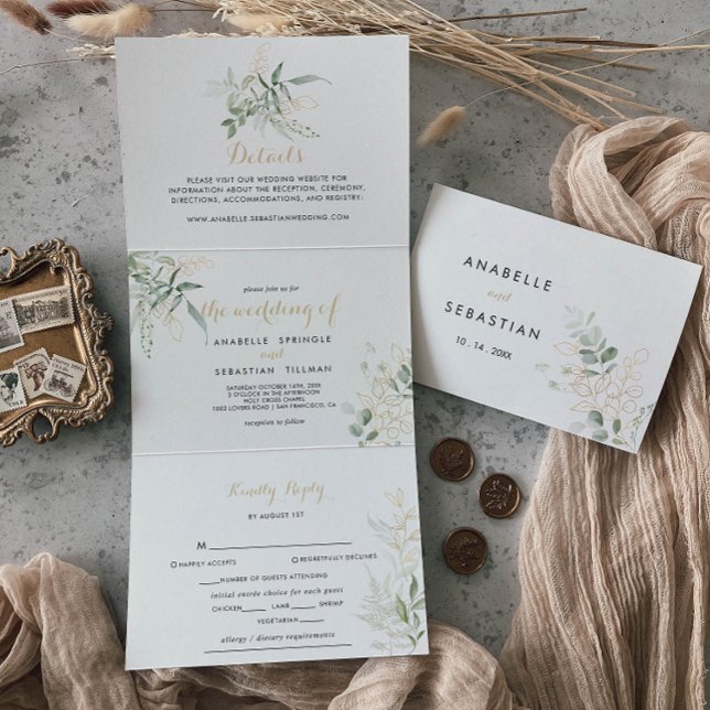 Convite para Casamento de Folhagem Verde Dourada (Criador carregado)