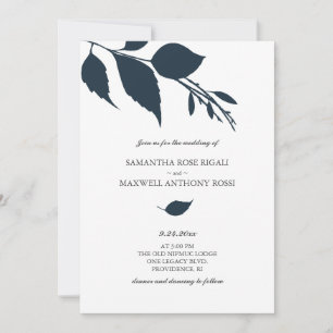 Convite para casamento de folhas azuis à meia-noit