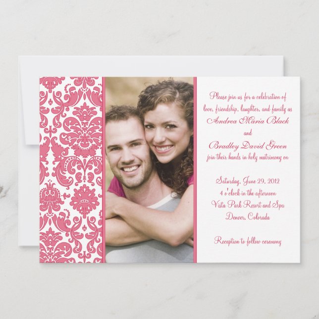 Convite para Casamento de Foto Foto de Damask Rosa (Frente)