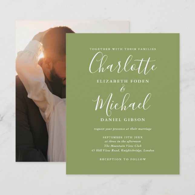 Convite para Casamento de Foto Verde de Motosso Or (Frente/Verso)