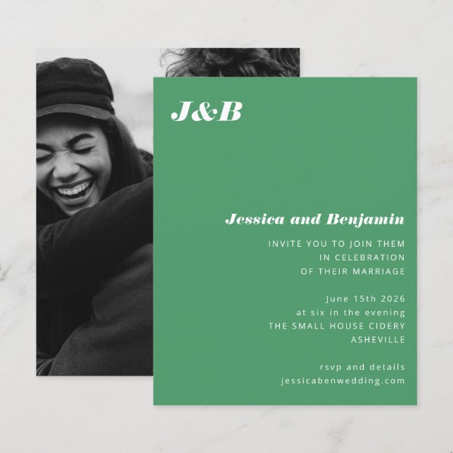Convite para Casamento de Foto Verde do Monograma  (Frente/Verso)