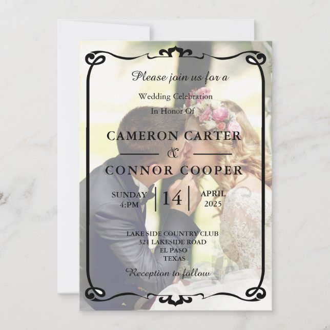 Convite para casamento de fotos brancas e negras e (Frente)