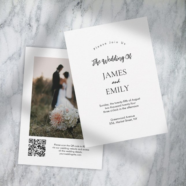 Convite para casamento de fotos com código QR de s (Elegant Script QR Code Photo Wedding Invitation)
