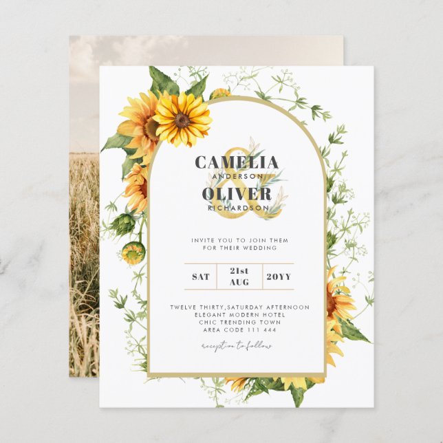 Convite para casamento de fotos com girassóis (Frente/Verso)