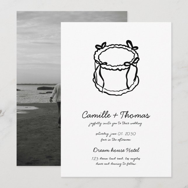 Convite Para Casamento De Fotos De Bolo Desenhado  (Frente/Verso)